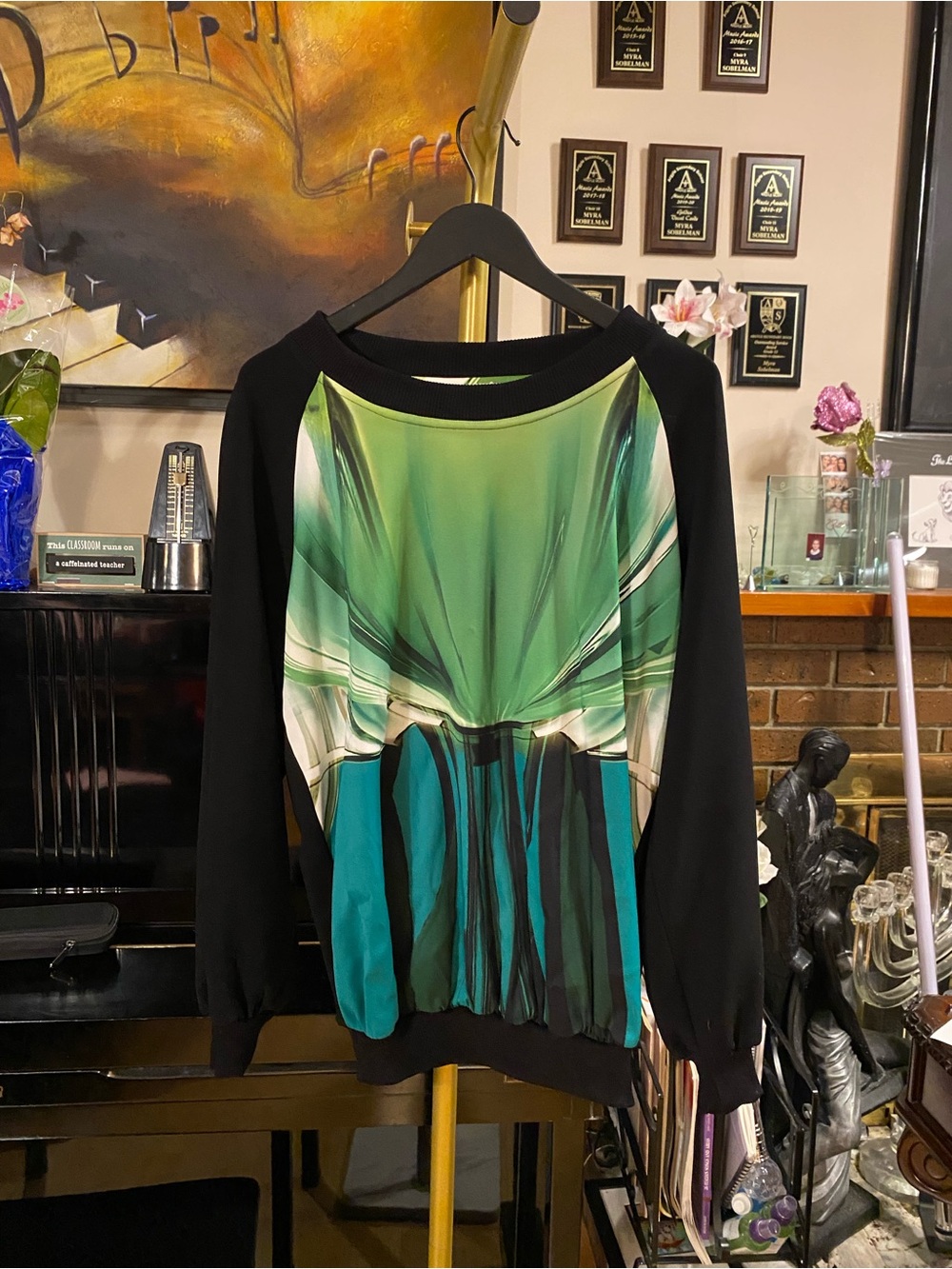 Marina Rinaldi Long Sleeve Black Top with Green Accent
